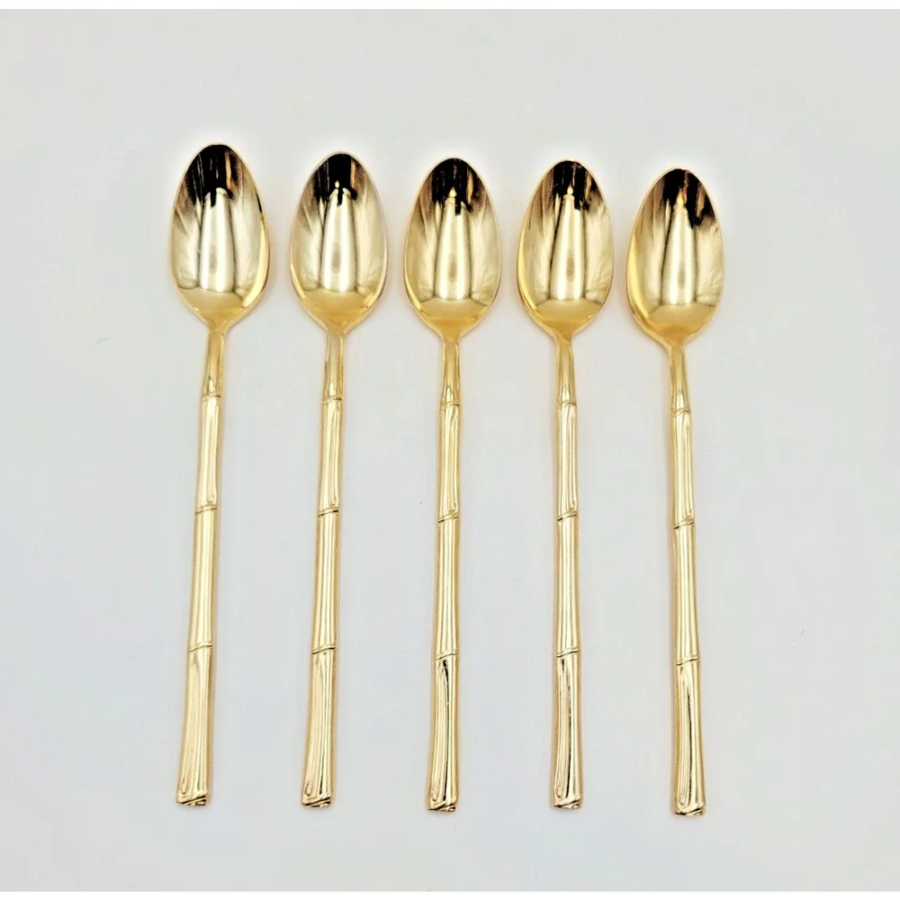 Set 5 National Escapade Iced Tea Spoon Gold Stainless Steel Bamboo Handles JAPAN